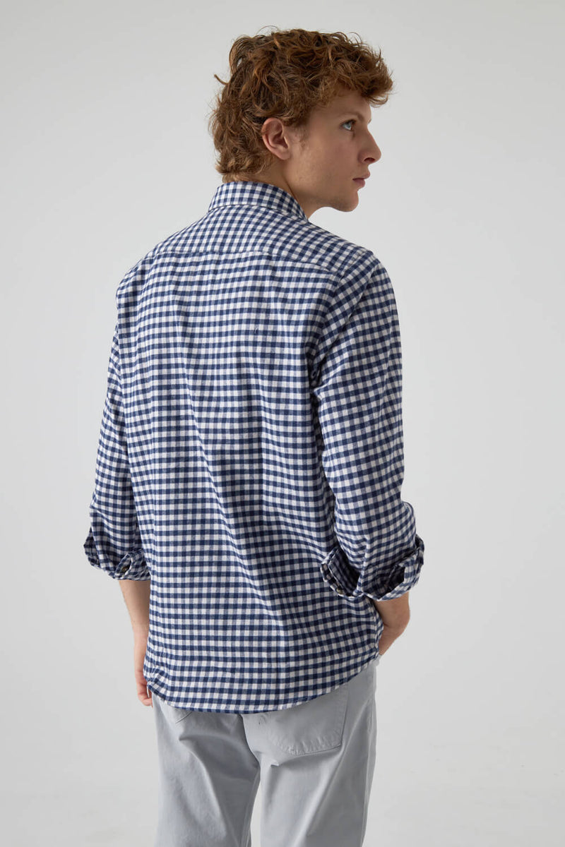 100% cotton shirt classic collar tartan blue and white check
